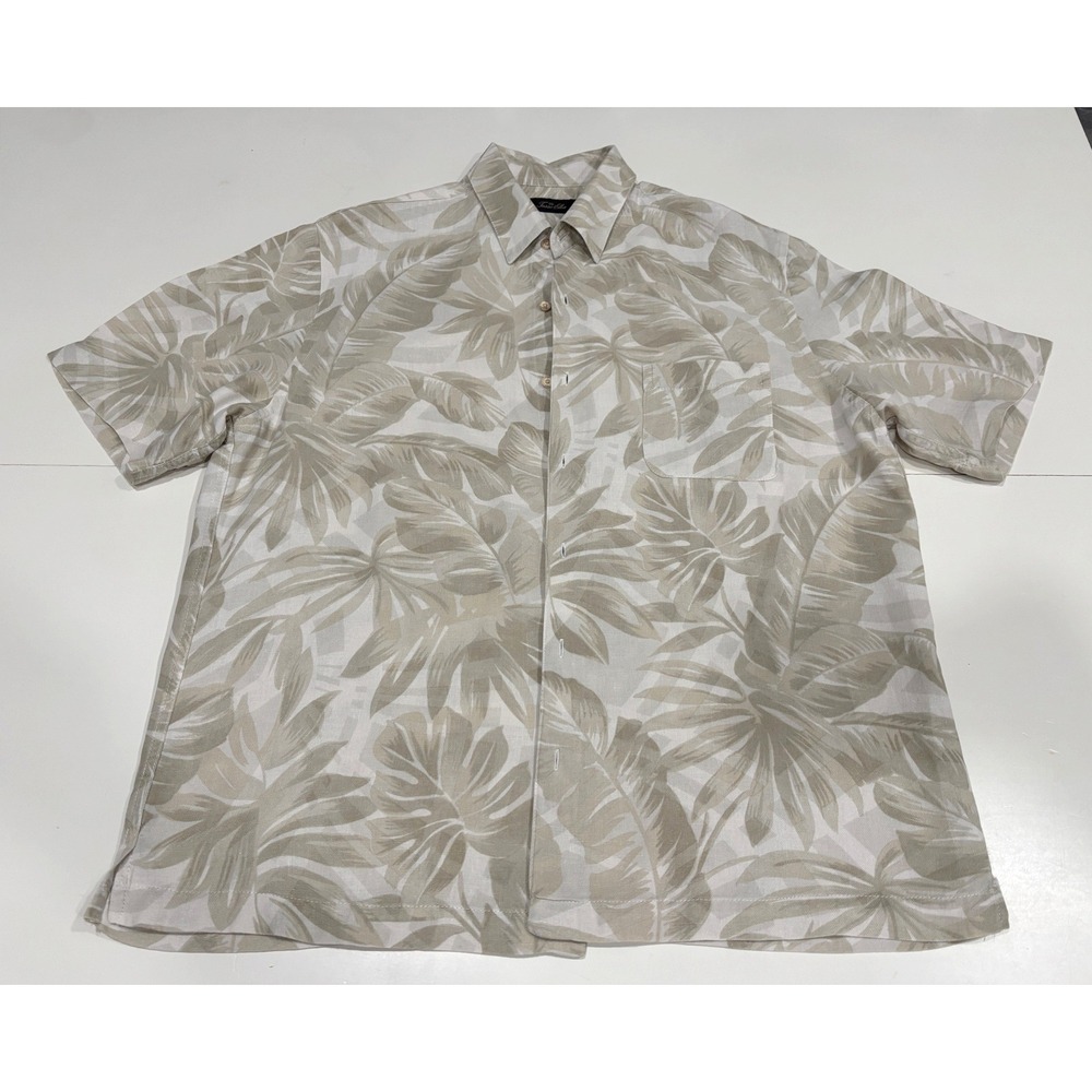 Tasso Elba Mens Large Beige Tropical Palm Leaf Silk Linen Button Down L Shirt
